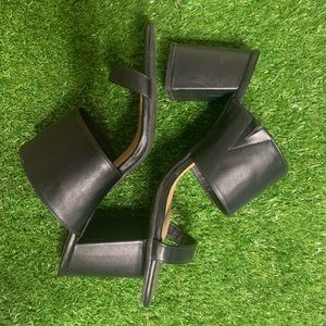 black leather kitten heel mules